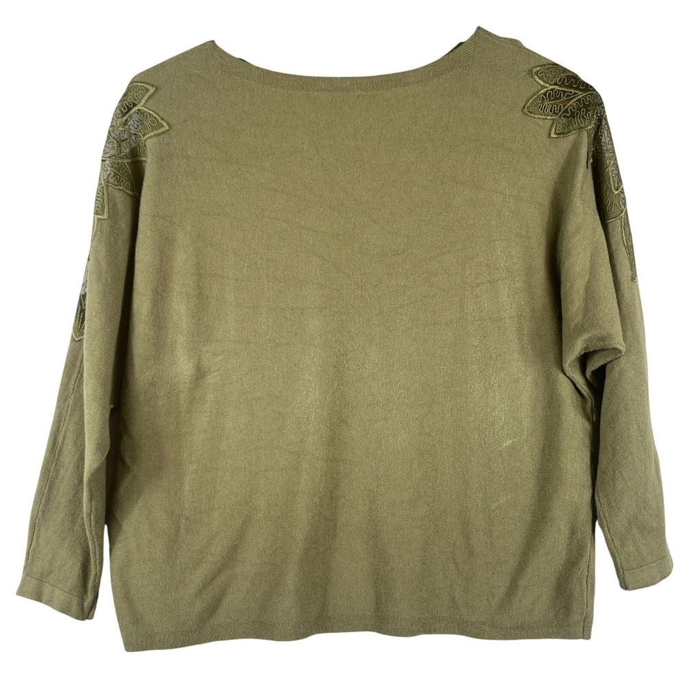 LIV Milano Womens L Olive Green Embroidered Lace Sleeve Top Boho Lagenlook NWOT